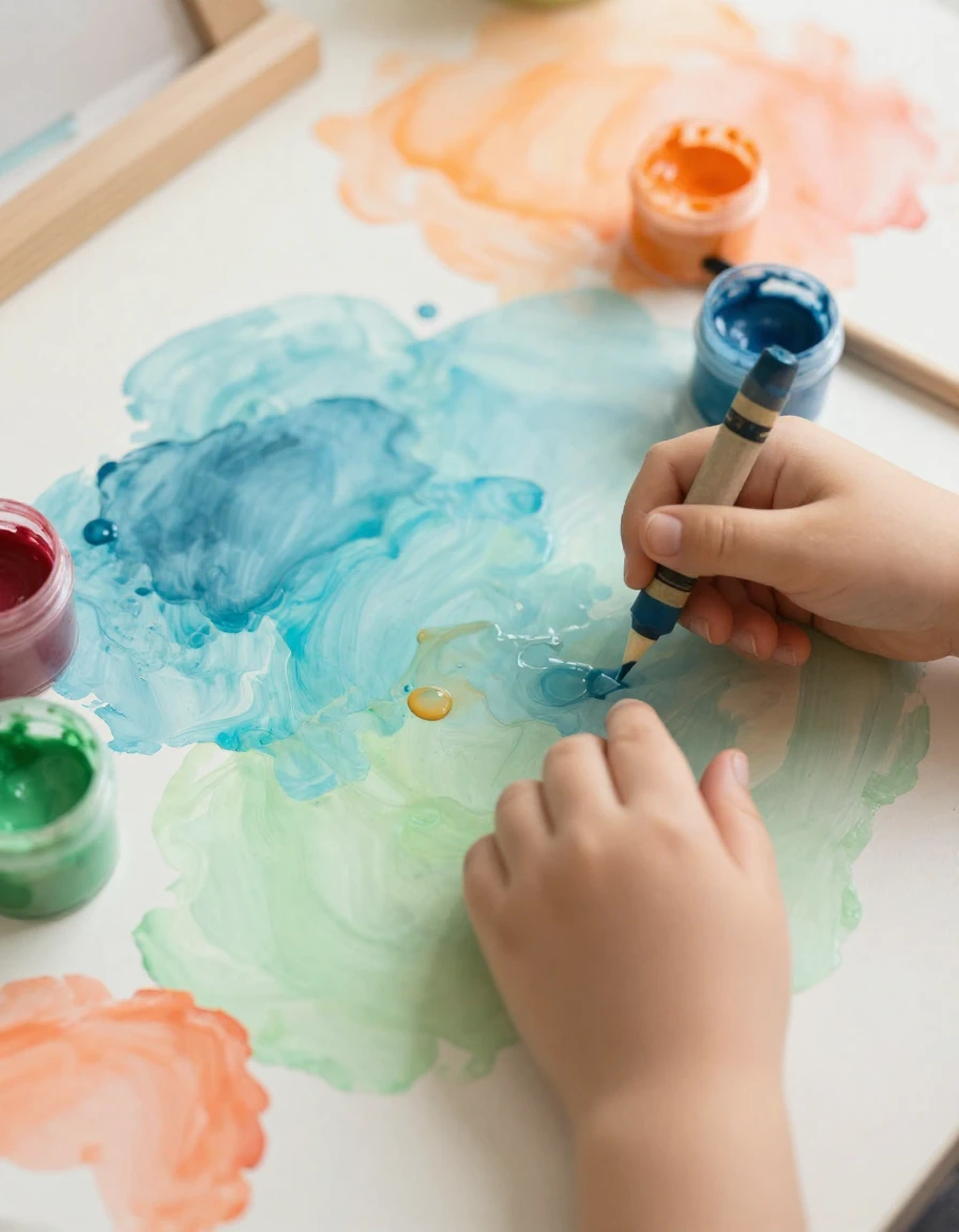 Kreatywne zabawy z farbami - dziecko malujące pędzlem kolorowe plamy
