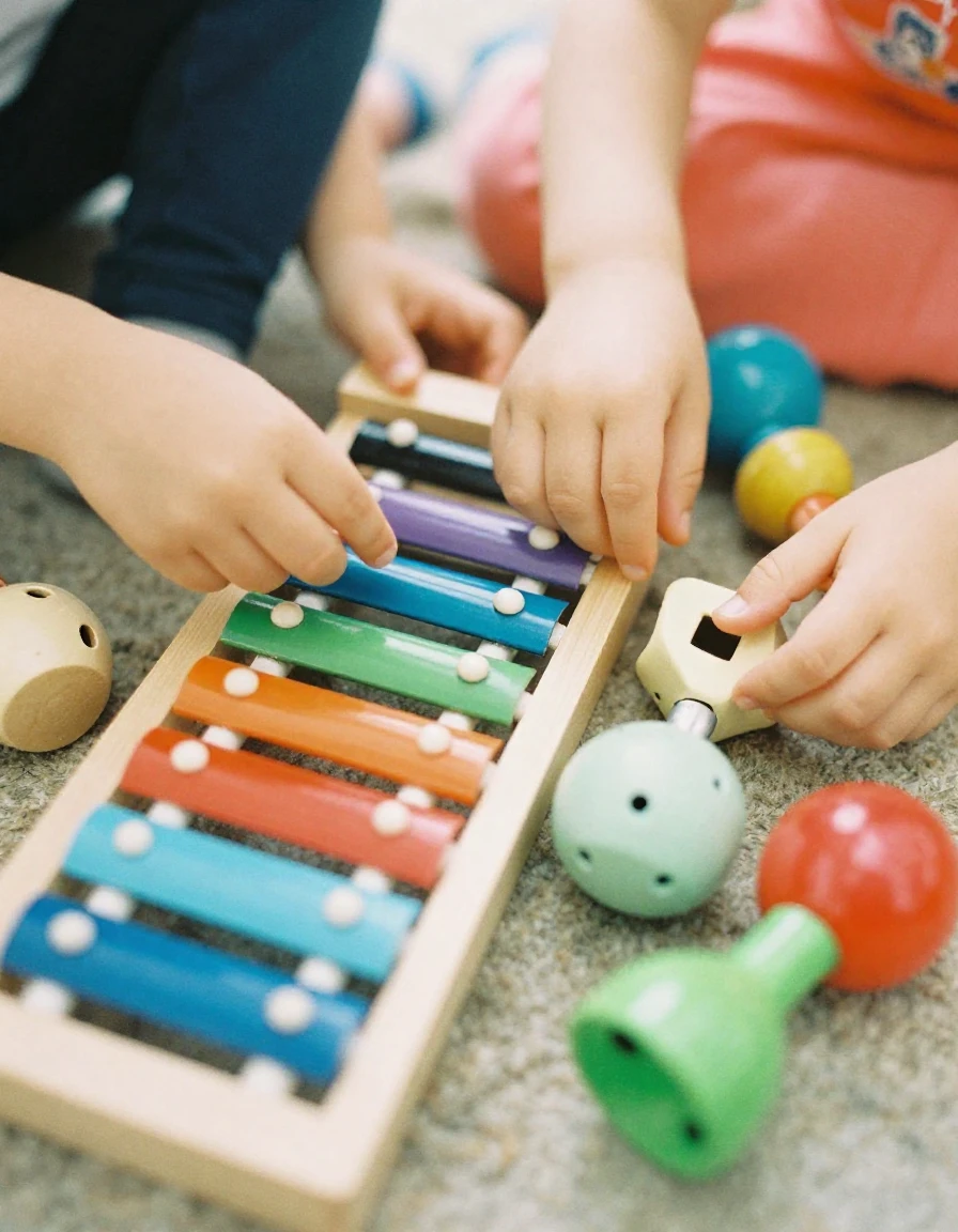 Zabawy muzyczne - dzieci grające na kolorowym ksylofonie i instrumentach perkusyjnych