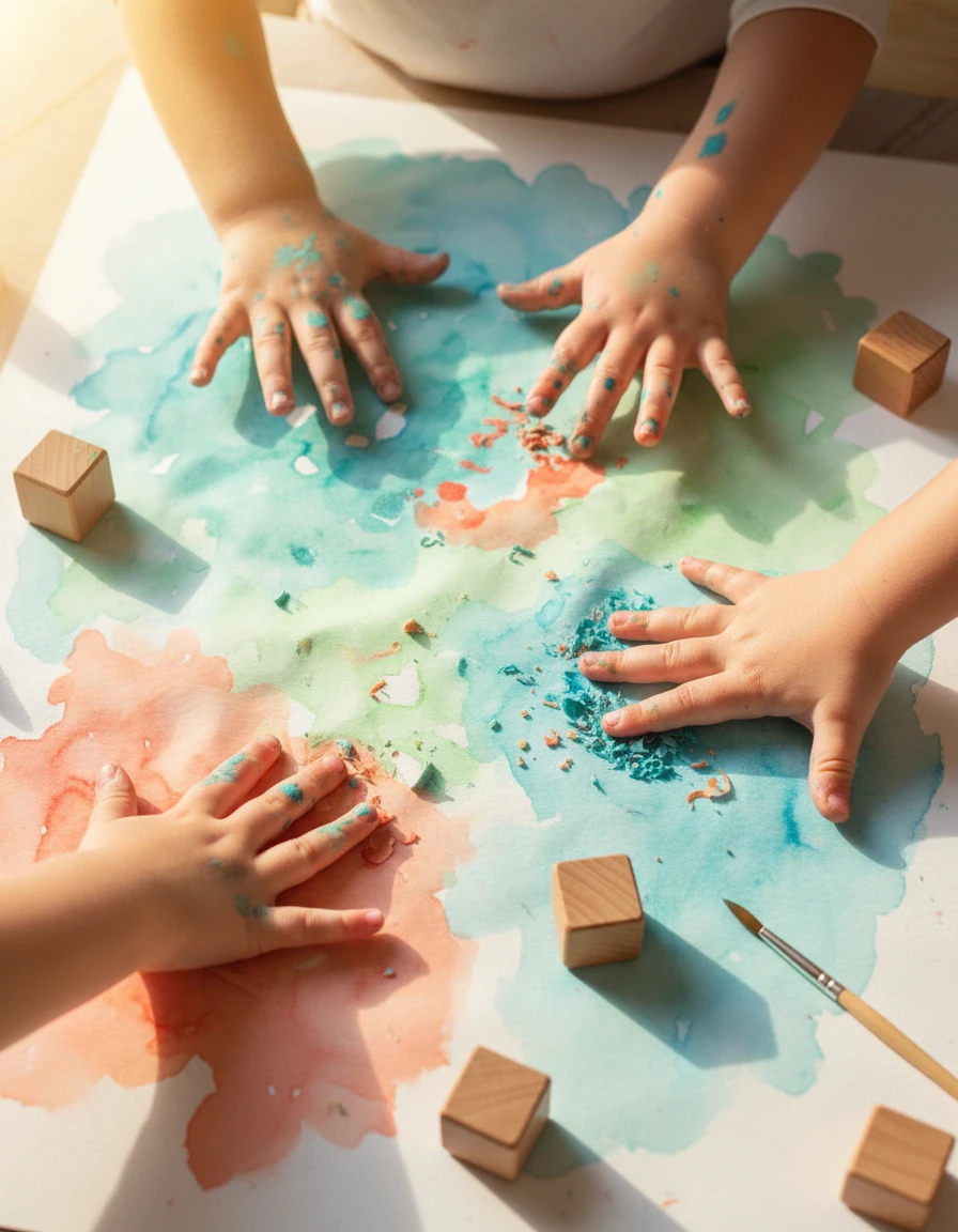 Malowanie palcami - kilkoro dzieci tworzących wspólnie kolorowy obraz