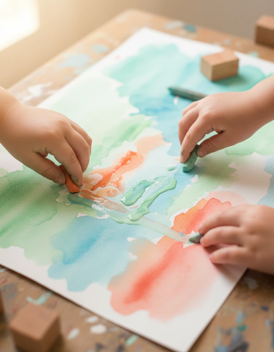 Malowanie akwarelami - dziecięce rączki tworzące kolorowy obraz na papierze